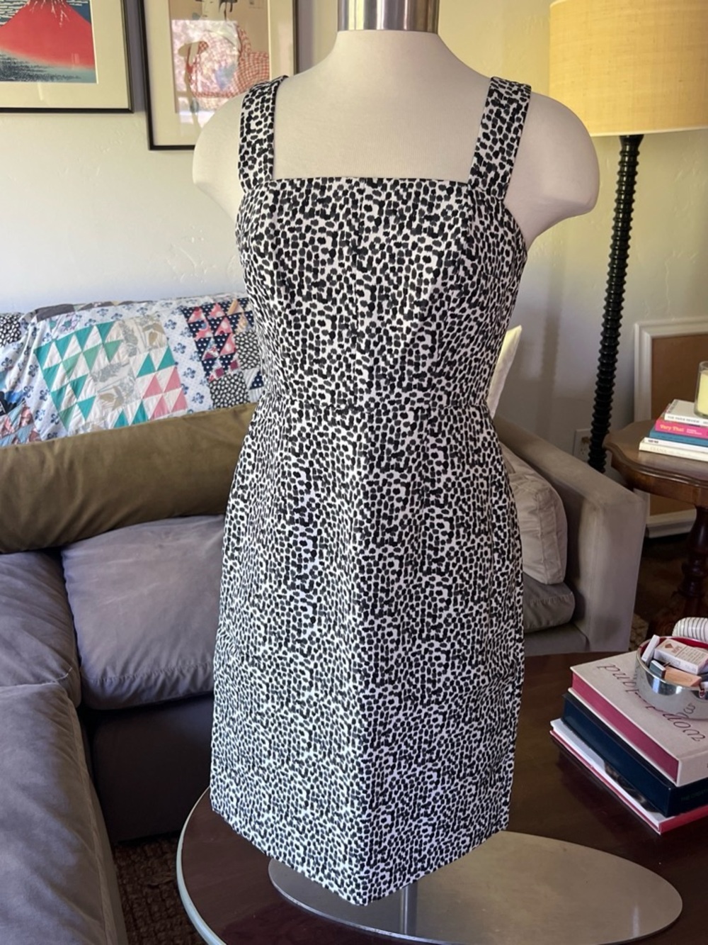 J. Crew Black and White Spotted-Print Square-Neck Midi Dress